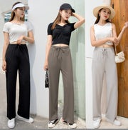ロングパンツ ワイドパンツ レディ―ス 女性用 9分丈 長ズボン ハイウエスト 大きいサイズ 無地 ウエスト紐付き シック きれいめ 上品 夏 春 薄手 シンプル ブラック 黒 カーキ グレー ブルー 青 ピンク ベージュ ブラウン 茶 カジュアル 普段着 大人 婦人 おしゃれ 着回し OL 通勤 会社 M XL L 2XL