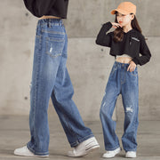 デニムパンツ ジーンズ ジーパン キッズ ジュニア 子供服 女の子 男の子 ボトムス ロングパンツ 長ズボン ダメージ加工 Gパン ウエストゴム ポケット付き カジュアル カッコいい おしゃれ 女子 男子 こども服