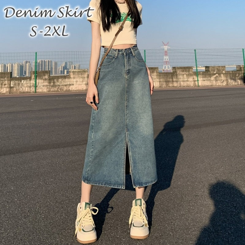 スカート デニム レディース 女性用 ボトムス ミモレ丈 ロング丈 無地 タイト 前スリット カジュアル おしゃれ シンプル 可愛い おでかけ 普段使い ボタン 大きいサイズ