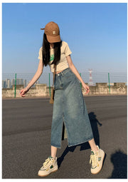 スカート デニム レディース 女性用 ボトムス ミモレ丈 ロング丈 無地 タイト 前スリット カジュアル おしゃれ シンプル 可愛い おでかけ 普段使い ボタン 大きいサイズ