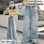 リボン刺繍デニムパンツ ジーパン ジーンズ ワイドパンツ キッズ 子供 ジュニア 子供服 子ども服 女の子 女子 小学生 刺繍リボン ボトムス 長ズボン ロングパンツ ゴムウエスト シンプル カジュアル かわいい おしゃれ キュート