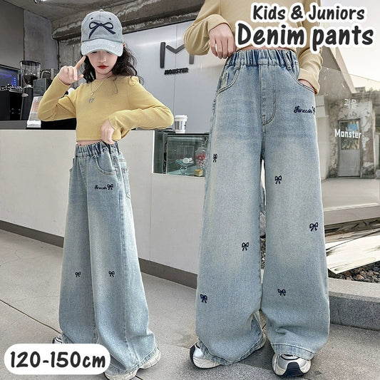 リボン刺繍デニムパンツ ジーパン ジーンズ ワイドパンツ キッズ 子供 商品画像