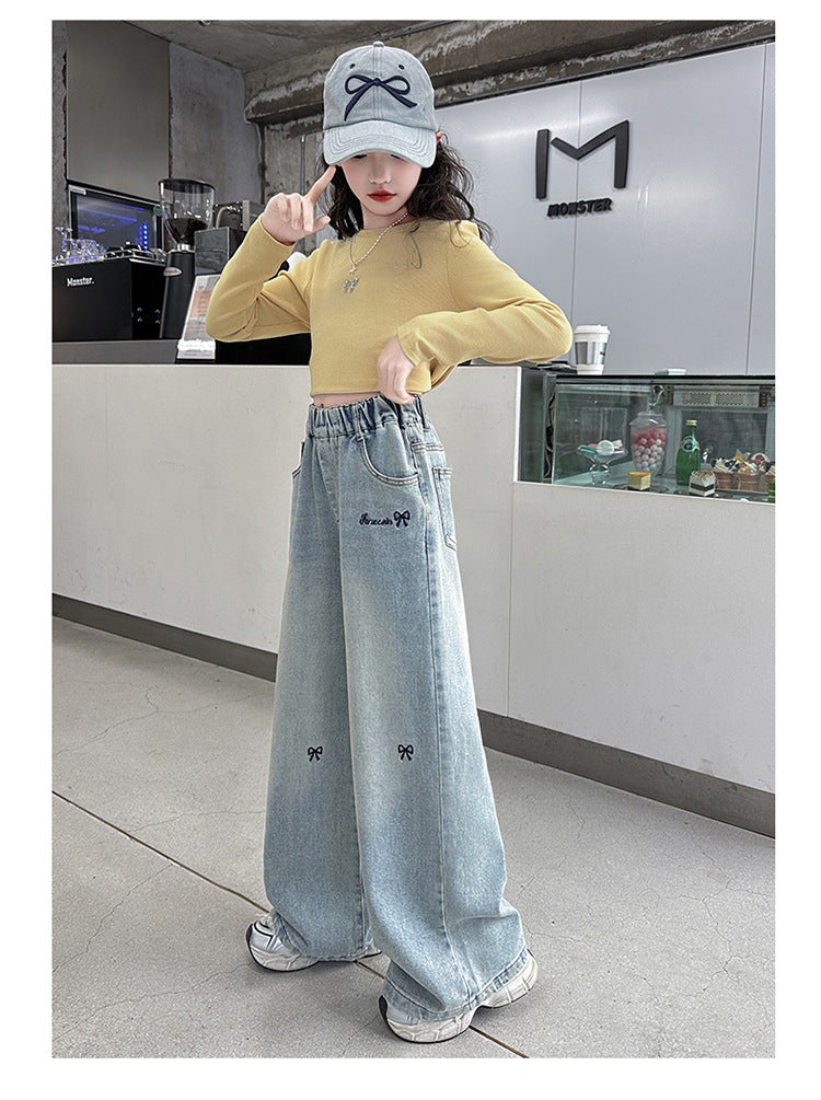 リボン刺繍デニムパンツ ジーパン ジーンズ ワイドパンツ キッズ 子供 商品画像3