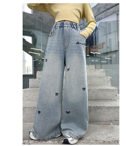 リボン刺繍デニムパンツ ジーパン ジーンズ ワイドパンツ キッズ 子供 商品画像5