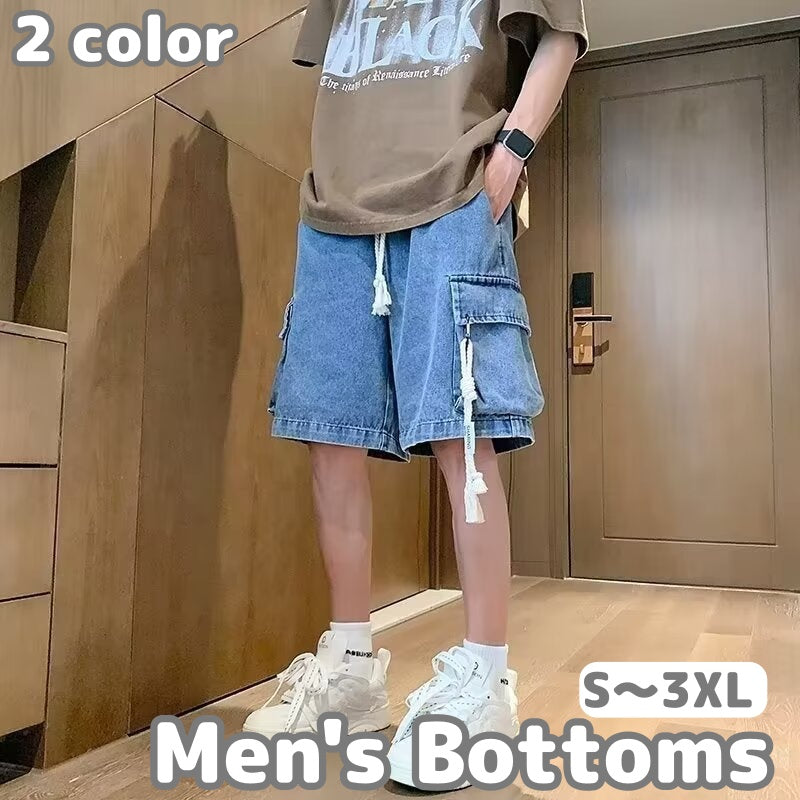 ハーフパンツ デニムパンツ 半ズボン 5分丈 ボトムス メンズ 男性 ウエストゴム 紐 サイドポケット サイド紐 ゆったり イージーパンツ カーゴパンツ カジュアル おしゃれ 大きいサイズ 短パン