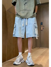 ハーフパンツ デニムパンツ 半ズボン 5分丈 ボトムス メンズ 男性 ウエストゴム 紐 サイドポケット サイド紐 ゆったり イージーパンツ カーゴパンツ カジュアル おしゃれ 大きいサイズ 短パン