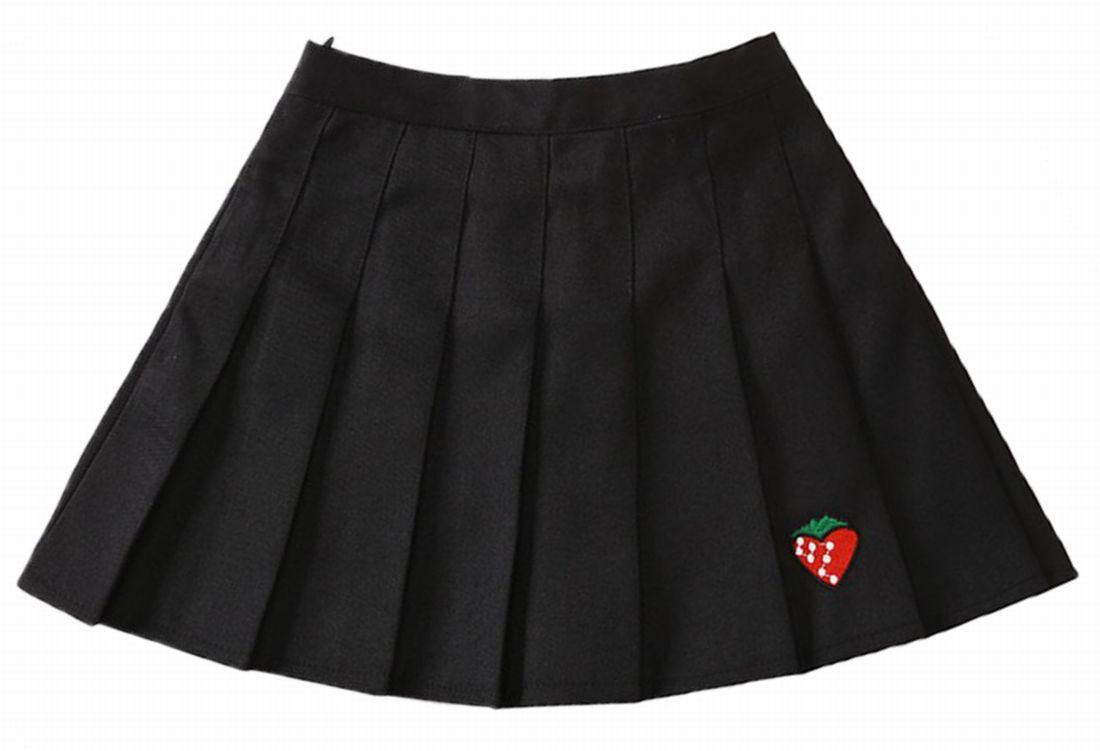 プリーツスカート ミニスカート ミニ丈 ショート丈 子供服 キッズ ジュニア ボトムス ウエストゴム イチゴ刺繍 ワンポイント サイドファスナー シンプル 女の子 女児 子ども服 こども服 高学年 中学生 110cm 120cm 130cm 140cm 150cm 160cm チャック ジッパー