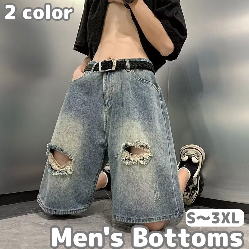ハーフパンツ デニムパンツ 半ズボン 5分丈 ボトムス メンズ 男性 ダメージ加工 ゆったり イージーパンツ カジュアル おしゃれ 大きいサイズ 短パン