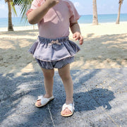 ブルマパンツ かぼちゃパンツ ベビー キッズ 赤ちゃん 子供服 女の子 ボトムス フリル リボン 無地 ショート丈 ウエストゴム かわいい おしゃれ パイピング ガール グレー レッド イエロー 赤 黄色
