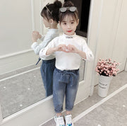 ロングパンツ 長ズボン ボトムス キッズ 子供服 女の子 ウエストゴム リボン ポケット ハイウエスト ダメージ おしゃれ シンプル カジュアル お出かけ