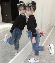 ロングパンツ 長ズボン ボトムス キッズ 子供服 女の子 ウエストゴム リボン ポケット ハイウエスト ダメージ おしゃれ シンプル カジュアル お出かけ