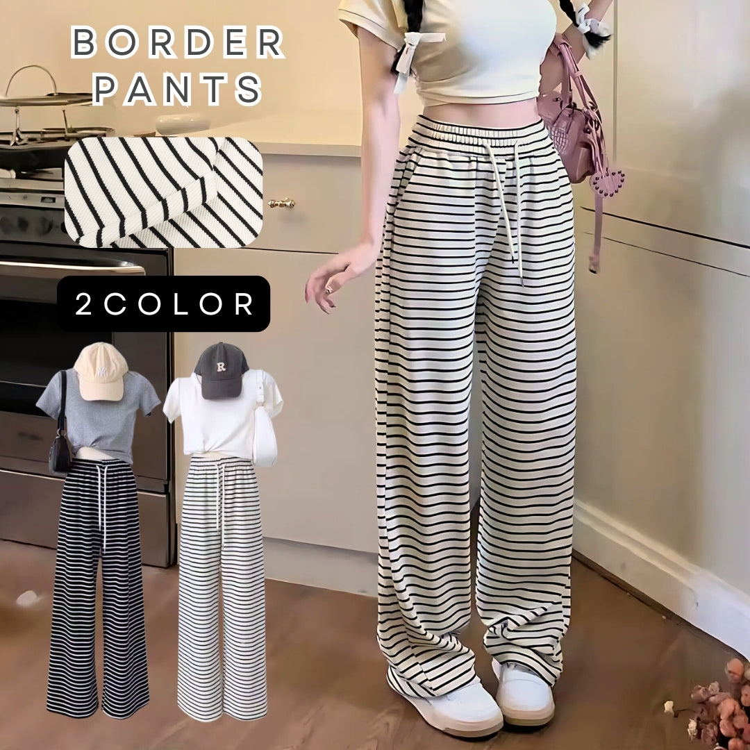 ロングパンツ ワイドパンツ スウェット レディース 女性 ボーダー 部屋着 ゆったり 体型カバー ストレート ハイウエスト ウエストゴム 薄手 春 夏 秋 動きやすい 着回し ホワイト ブラック