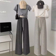ロングパンツ ワイドパンツ スウェット レディース 女性 ボーダー 部屋着 ゆったり 体型カバー ストレート ハイウエスト ウエストゴム 薄手 春 夏 秋 動きやすい 着回し ホワイト ブラック