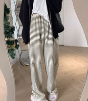 ロングパンツ ワイドパンツ スウェット レディース 女性 ボーダー 部屋着 ゆったり 体型カバー ストレート ハイウエスト ウエストゴム 薄手 春 夏 秋 動きやすい 着回し ホワイト ブラック