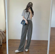 ロングパンツ ワイドパンツ スウェット レディース 女性 ボーダー 部屋着 ゆったり 体型カバー ストレート ハイウエスト ウエストゴム 薄手 春 夏 秋 動きやすい 着回し ホワイト ブラック