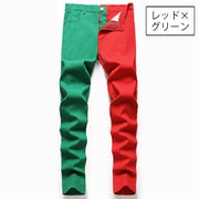 ジーンズ スキニーデニム メンズ 男性 バイカラー 個性的 配色 2色 ツートン デニムパンツ ジーパン スリムパンツ ロングパンツ 細身 カジュアル お洒落 着回し カッコイイ かっこいい 格好いい クール 目立つ