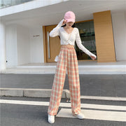 ワイドパンツ ロングパンツ レディース ゆったり 体型カバー ストレート ハイウエスト ウエストゴム 薄手 カジュアル チェック柄