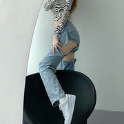 デニムパンツ 変形ジーンズ ジーパン ロングパンツ 長ズボン レディース 女性 ボトムス ロング丈 カットアウト ナスカン 無地 ブルー ブラック ユニーク クール かっこいい 可愛い キュート おしゃれ 特徴的