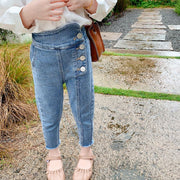 ロングパンツ キッズ 子ども服 女の子 男の子 ボトムス スリム 9分丈 デニム ジーパン ジーンズ カットオフ アシンメトリー フレイドヘム 切りっぱなし ダメージ加工 長ズボン ハイウエスト 着回し ブルー 青 カジュアル おしゃれ ポケット 通園 通学 小学生 着替え 普段着 ガールズ 女児 ボーイズ 男児 95 100 105 115 120 130