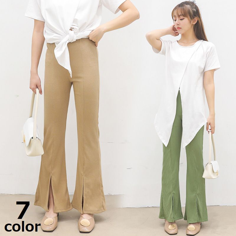 フレアパンツ リブレギンス レディース OL ロング カジュアル 通勤 ウエストゴム ハイウエスト 美脚 シンプル無地 スリット ブーツカット ベルボトム ストレート 脚長 ボトムス ロングパンツ 長ズボン スリットパンツ レギンスパンツ フレアレギンス イージーパンツ パンタロン ラッパズボン オフィス デイリー 普段使い 普段着 着回し 合わせやすい 春 夏 秋 女性 婦人
