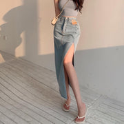 ロングスカート デニムスカート ボトムス レディース 女性 Aライン タイト 細身 深めスリット 切りっぱなし おしゃれ カジュアル セクシー 美脚 カットオフデニム かわいい シンプル 着回し 婦人服
