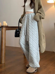 ワイドパンツ レディース ロング ストレート ゆったり 体型カバー 厚手 裏起毛 中綿 ワッフル 無地 防寒 保温 秋冬 ウエストゴム ハイウエスト