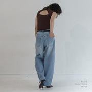 【カーブルーズデニムパンツ】 レディース ボトムス デニム カーブ ワイド バレルレッグ コクーンパンツ フリンジ 体型カバー  ハイウエスト SOLBINA ソルビナ