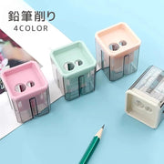鉛筆削り えんぴつ削り 手動 ダブルホール 太軸 ミニ コンパクト 小さい 持ち運び 筆箱 軽い パステルカラー 学校 オフィス 仕事