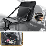 カーテーブル フロントテーブル 車載トレイ 折りたたみ式 PC ノートパソコン テーブル トレイ ドリンクホルダー ポケット ハンドル設置 高さ調節可能 持ち手付き 持ち運び コンパクト 小物置き 便利 シンプル ブラック