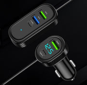 車用充電器 カーチャージャー カーアクセサリー カー用品 車載 シガーソケット 5口 2in1 USB Typec 充電 ケーブル付き クリップ付き 車載 スマホ カー用品 ドライブ 便利