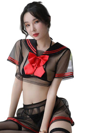 セクシーコスチューム 女子高生 レディース 4点セット トップス スカート ブラジャー Tバックショーツ へそ出し シースルー 白 黒 半袖 ミニスカート 女子校生
