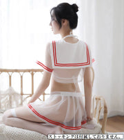 セクシーコスチューム 女子高生 レディース 4点セット トップス スカート ブラジャー Tバックショーツ へそ出し シースルー 白 黒 半袖 ミニスカート 女子校生