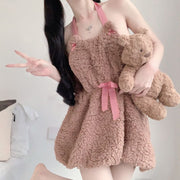 ベアコスプレワンピース レディース コスプレ衣装 セクシー ミニ丈ワンピース エプロン風 ぬいぐるみ風 クマのぬいぐるみ ふわふわ かわいい 可愛い リボン 茶