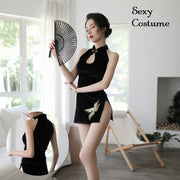 セクシーコスチューム チャイナ服風 チャイナドレス風 レディース コスプレ ワンピース ミニ丈 セクシー アメリカンスリーブ ノースリーブ マオカラー スリット入り 女性用 婦人 仮装 衣装 なりきり キャバ イベント 黒 ワンサイズ