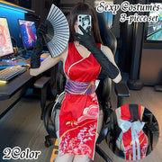 セクシーコスチューム チャイナドレス風 3点セット 帯 ベルト メッシュスカート レディース 女性 大人用 コスプレ チャイナ服風 和風 和装 スリット 透け感 タイト セクシー 仮装 ハロウィン
