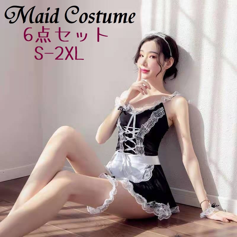 メイド服 コスチューム 6点セット ワンピース チョーカー レッグリング カチューシャ 手首リング レディース 女性 コスプレ 大きいサイズ ショート丈 ミニ丈 レース フリル リボン 可愛い セクシー