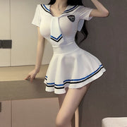 制服風コスチューム 2点セット 上下セット セーラー服 女子高生 学生 コスプレ セクシー シースルー 半袖 ミニスカート かわいい レディース