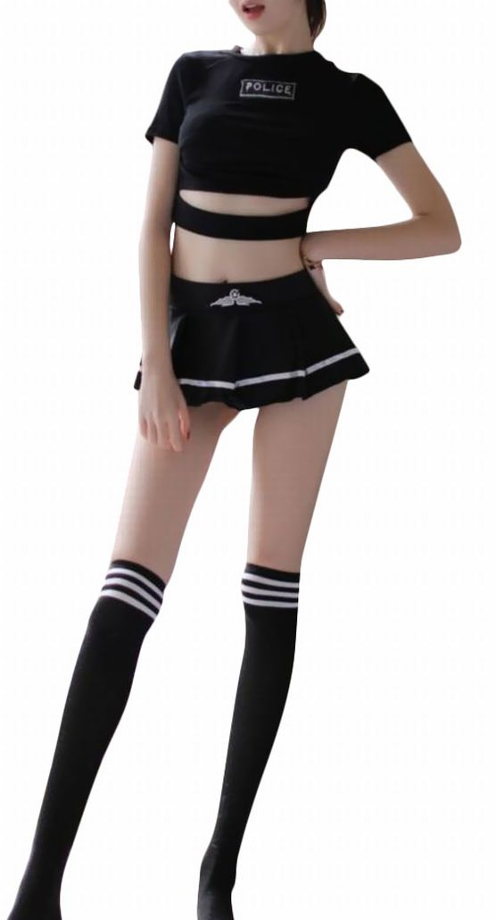 コスプレ ポリス ポリスガール ポリスロゴ 警察制服 セクシーコスチューム トップス スカート ハイソックス 3点セット ショーツスカート一体化 セクシー 可愛い 美脚効果 大胆 レディース