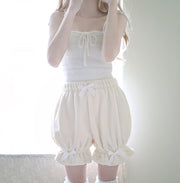 ドロワーズ かぼちゃパンツ ロリータ レディース 可愛い リボン フリル コスプレ衣装 コスチューム ペチコート フリース 秋冬 防寒 暖かい 保温 もこもこ ふわふわ インナー 見せパン ペチパンツ パニエ メイド服 部屋着 ルームウェア ショートパンツ 3分丈 ウエストゴム 甘ロリ ポンポン ウサギの尻尾付き ホワイト 白色 かわいい フリーサイズ 女性 春 秋 冬 ギフト
