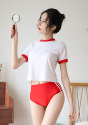 体操服 ブルマ風 レディース コスプレ衣装 クルーネック 半袖 ホットパンツ ブルー レッド セクシー かわいい 学生風