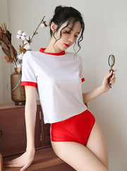 体操服 ブルマ風 レディース コスプレ衣装 クルーネック 半袖 ホットパンツ ブルー レッド セクシー かわいい 学生風