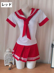 コスチューム コスプレ セーラー服 制服 3点セット レディース 女性 婦人 学生 上下セット トップス ボトムス ネクタイ付き 半袖 ミニ丈 ショート丈 プリーツスカート ホワイト ブルー 学生服 衣装 イベント