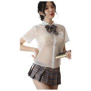 コスプレ衣装 制服風 コスチューム 4点セット シャツ スカート リボン ストッキング レディース 女子高生 シースルー 透ける ミニスカ チェック セクシー