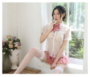 コスプレ衣装 制服風 コスチューム 4点セット シャツ スカート リボン ストッキング レディース 女子高生 シースルー 透ける ミニスカ チェック セクシー