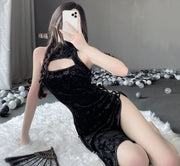 チャイナドレス レディース 女性 婦人 コスチューム チャイナ服 コスプレ 仮装 膝丈 レースアップ サイド紐 セクシー 花柄 ブラック ホワイト 黒 白 かわいい 中華風