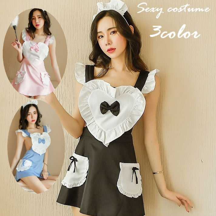 セクシーコスチューム メイド服 エプロン ショーツ カチューシャ 3点セット レディース 女性用 コスプレ ミニ丈 フリル ハート リボン Tバック 可愛い SEXY ナイトウェア
