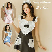 セクシーコスチューム メイド服 エプロン ショーツ カチューシャ 3点セット レディース 女性用 コスプレ ミニ丈 フリル ハート リボン Tバック 可愛い SEXY ナイトウェア