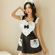 セクシーコスチューム メイド服 エプロン ショーツ カチューシャ 3点セット レディース 女性用 コスプレ ミニ丈 フリル ハート リボン Tバック 可愛い SEXY ナイトウェア