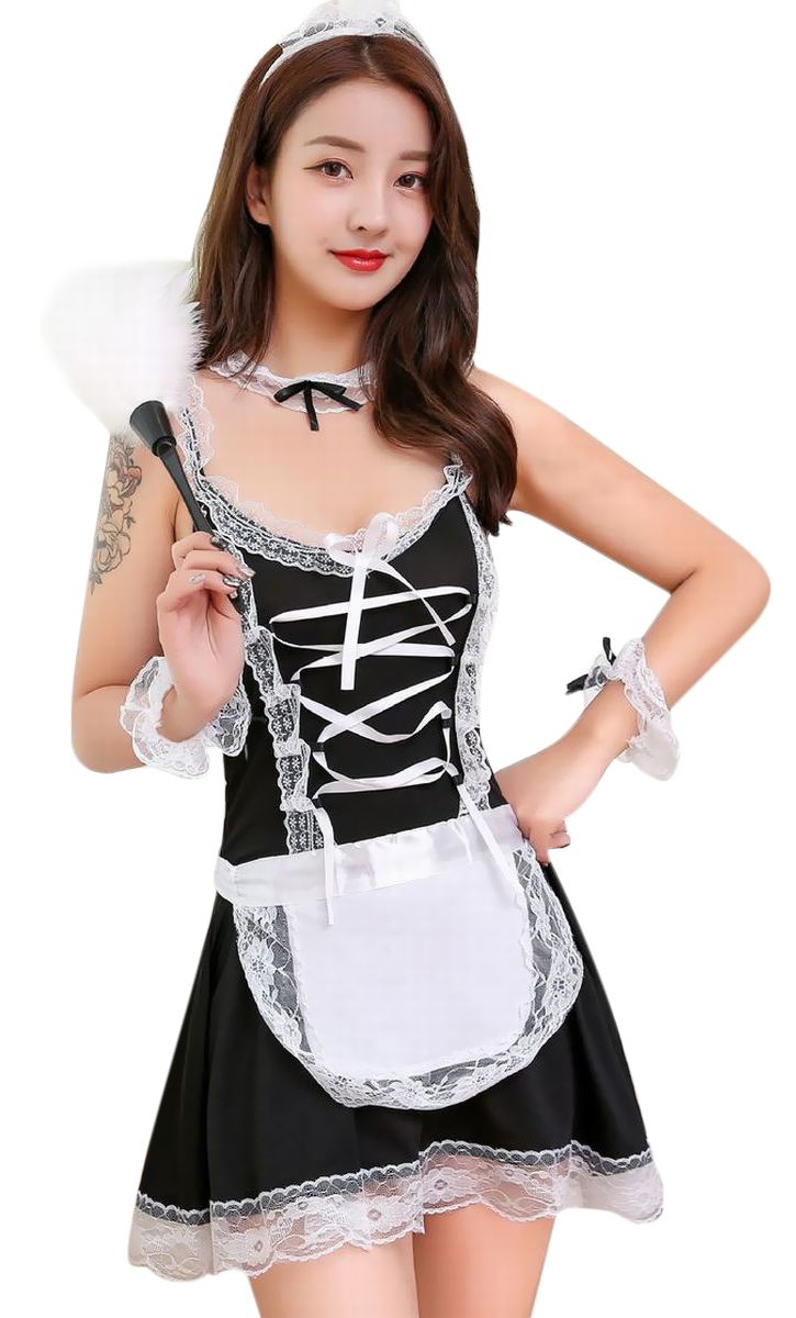 メイド服 レディース コスチューム コスプレセット 6点セット カチューシャ エプロン Tバックショーツ セクシー下着 可愛い 仮装 パーティー アイテム 下着