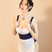 コスプレ衣装 コスチューム メイド服 2点セット レディース ノースリーブ 背中開き 超ミニ丈 チョーカー付き フリル エプロン セクシーランジェリー ベビードール 仮装 パーティー 撮影会 イベント